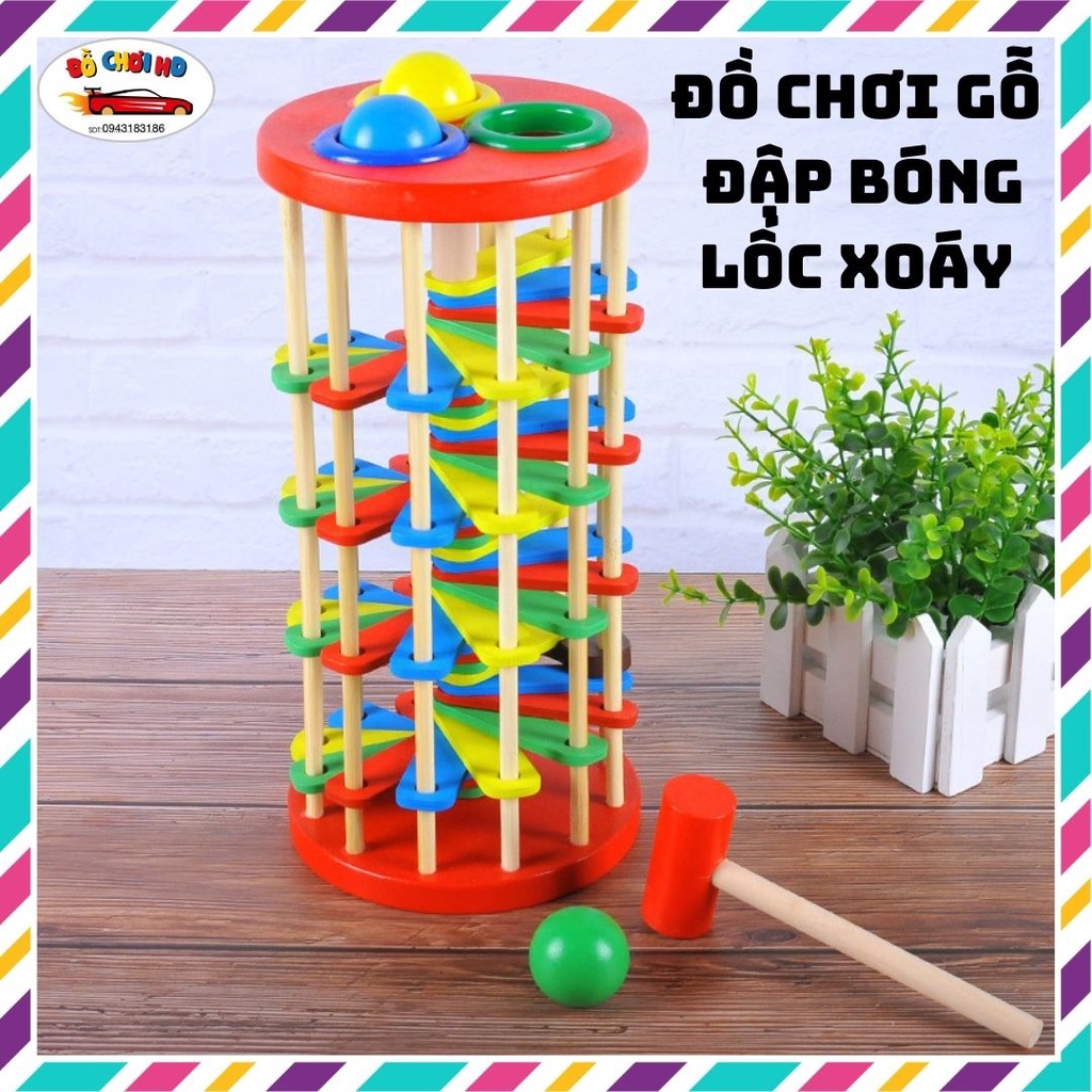 Đồ chơi gỗ cho bé, đồ chơi thông minh cho bé kèm búa và bi gỗ, đập bóng lốc xoáy