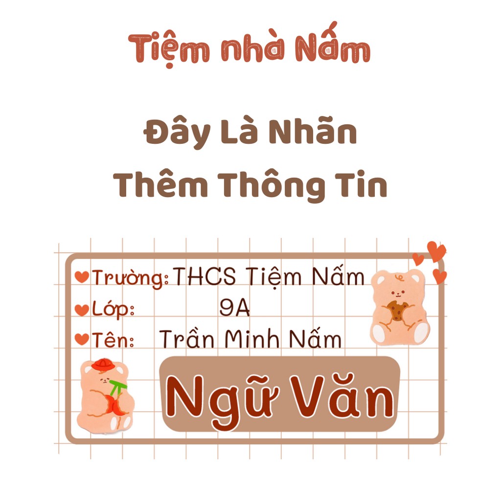 Combo Nhãn Vở Thiết Kế Theo Tên Môn Học, Gấu Nâu Lông Xù