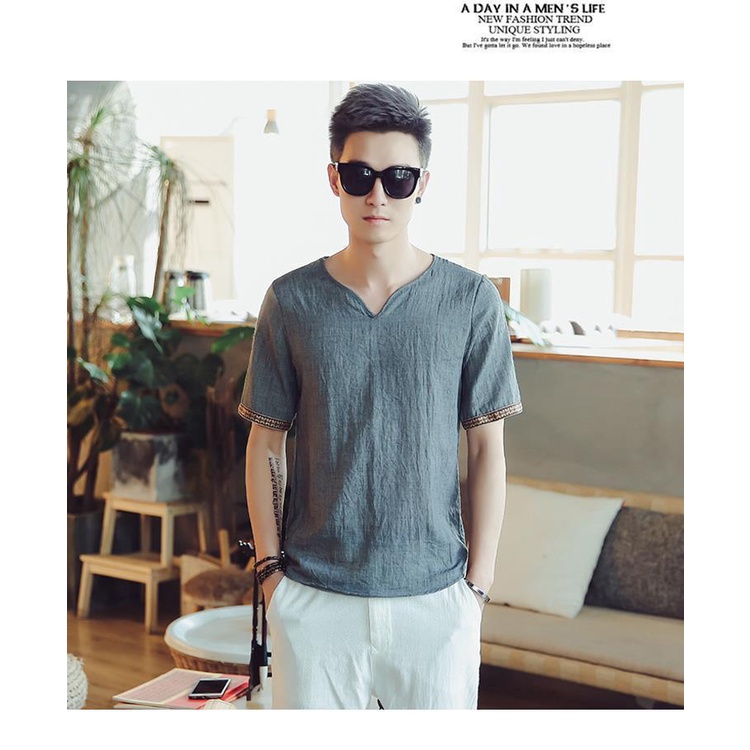 Áo Thun Cotton Lanh Tay Ngắn Phong Cách Thái Lan Đơn Giản Thời Trang Mùa Hè Cho Nam