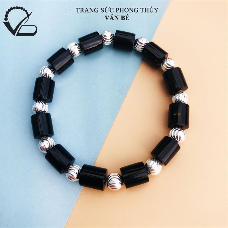 Vòng tay San hô Đen hạt đốt trúc mix Bi mạ Bạc - Vòng tay đá San hô Đen dành cho nữ phong thủy CNC VĂN BÉ