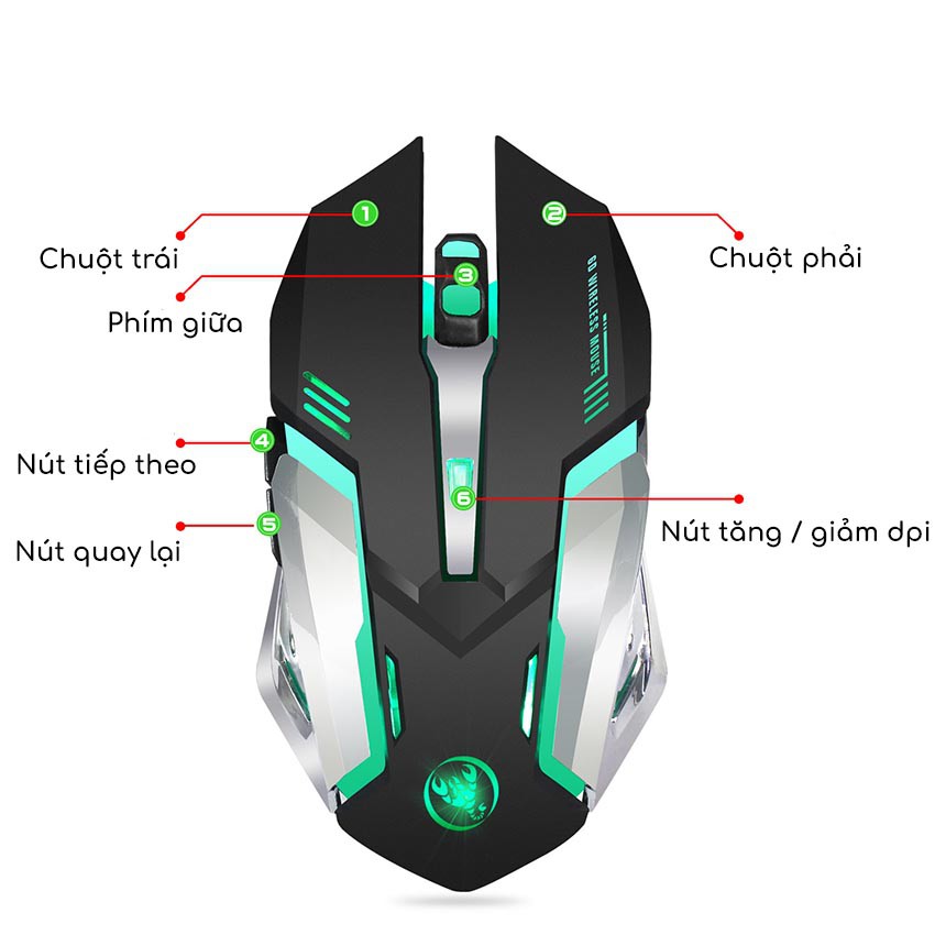 Chuột gaming không dây Wireless 2.4G GGear Chống ồn Chuột máy tính Pin sạc 2400dpi 10 triệu click LED RGB GM10