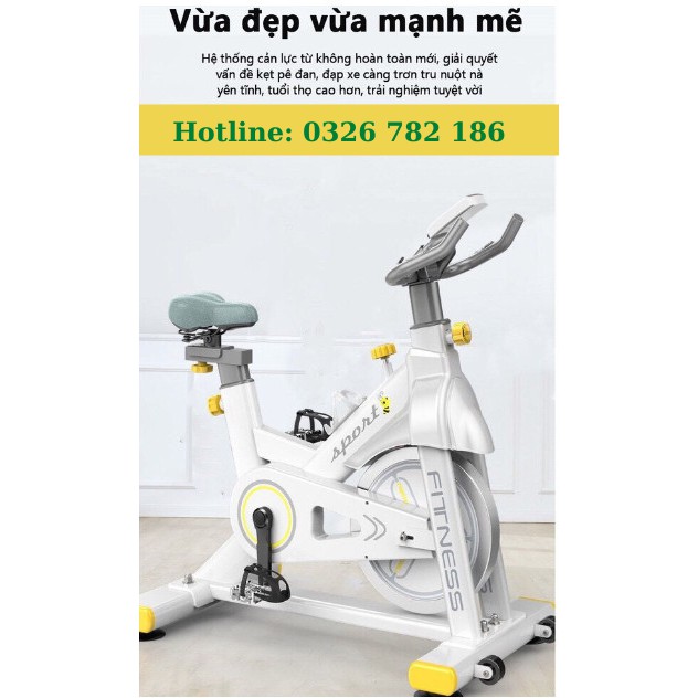 Xe đạp tập thể dục tại nhà SPORT FITNESS màu trắng xám TẶNG Đồng hồ cảm biến nhịp tim + Dây sạc điện thoại siêu dài