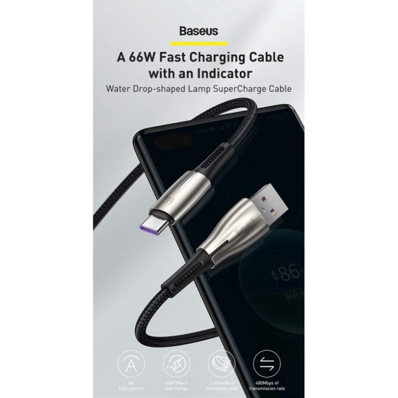 Cáp sạc siêu nhanh báo đèn USB Type-C Baseus Water drop-Shaped Lamp 66w cho Huawei Mate, Samsung, Xiaomi