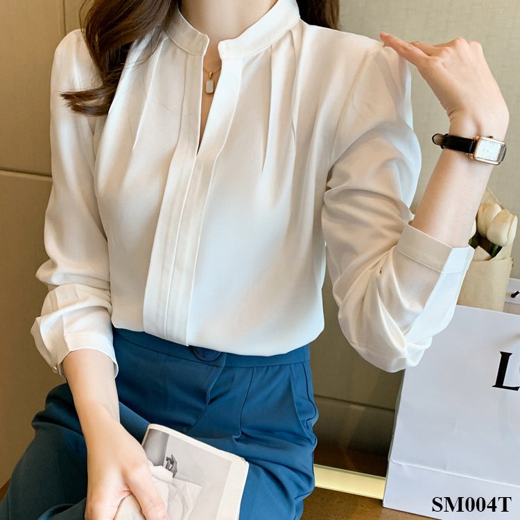 Áo sơ mi lụa trắng  công sở phom suông Hàn Quốc dài tay cổ tàu chất liệu lụa kate mềm mịn, mát