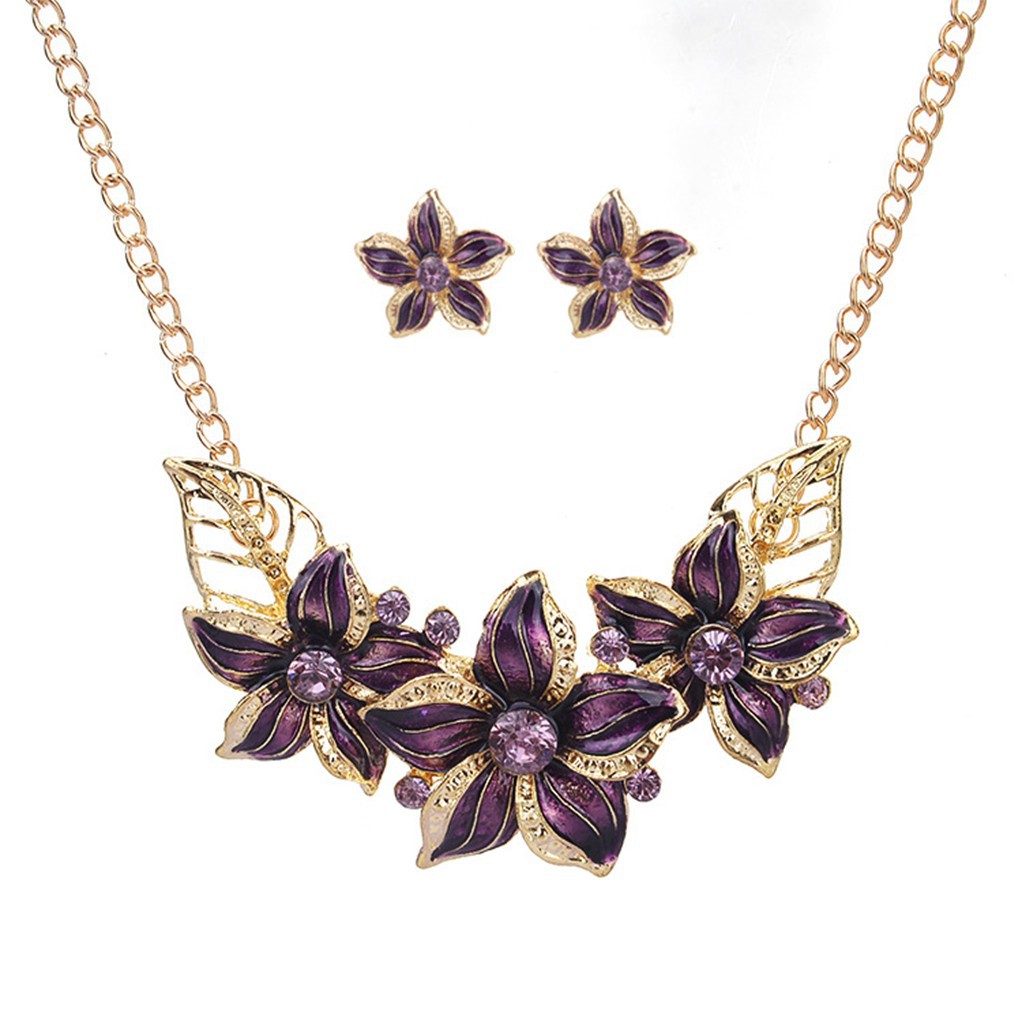 Flower Pendant Women Girls Necklace Set Jewelry Alloy Chains Earring Jewelry