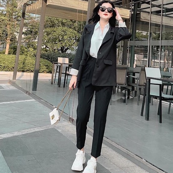 Quần tây đen nữ lưng cao dáng dài đi học màu xanh đen vải mềm ống đứng Quần tây âu baggy nữ cạp cao bigsize công sở làm