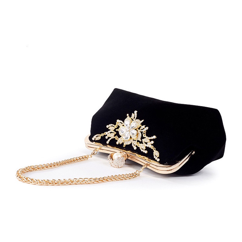 Female Diamond Pearl Handbag Vintage Crystal Clutch Bag （Black）