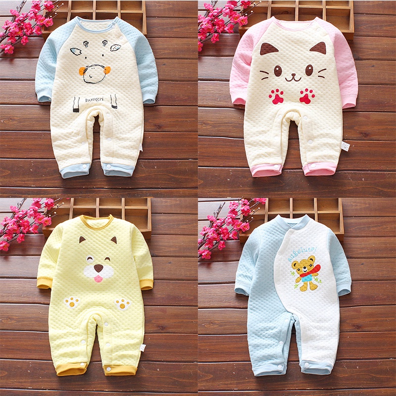 Bộ bodysuit trần bông 3 lớp cho bé, bộ body dài tay liền thân sơ sinh họa tiết đáng yêu 100% cotton_ BD30