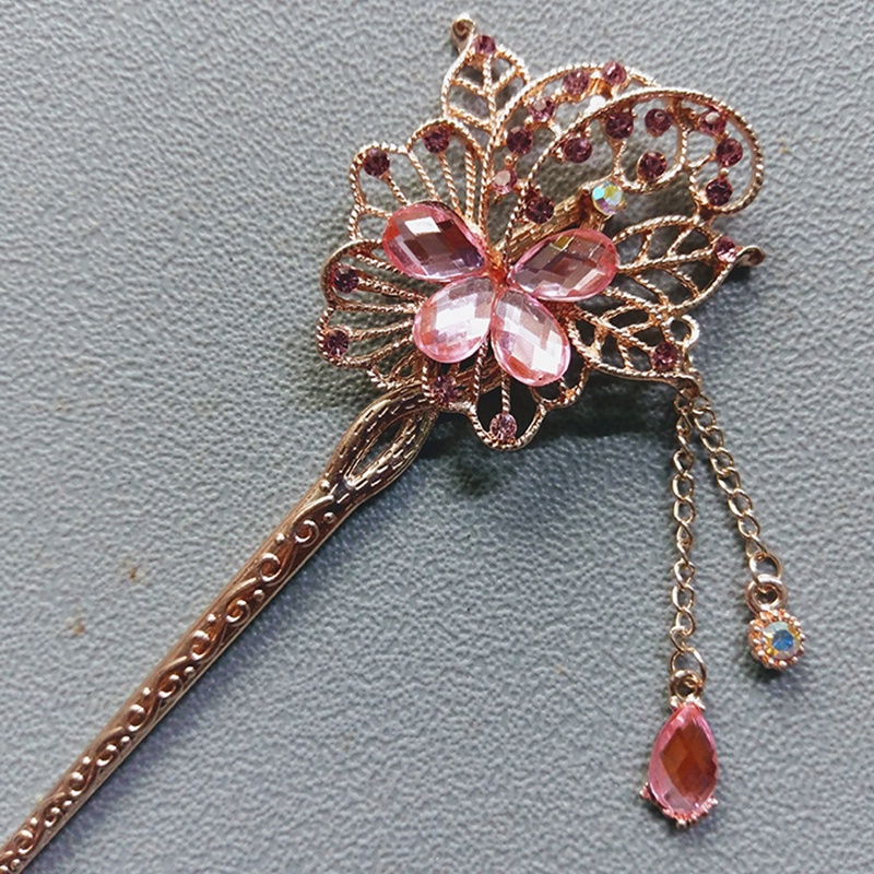 Trâm cài tóc đính đá họa tiết bươm bướm tua rua vintage