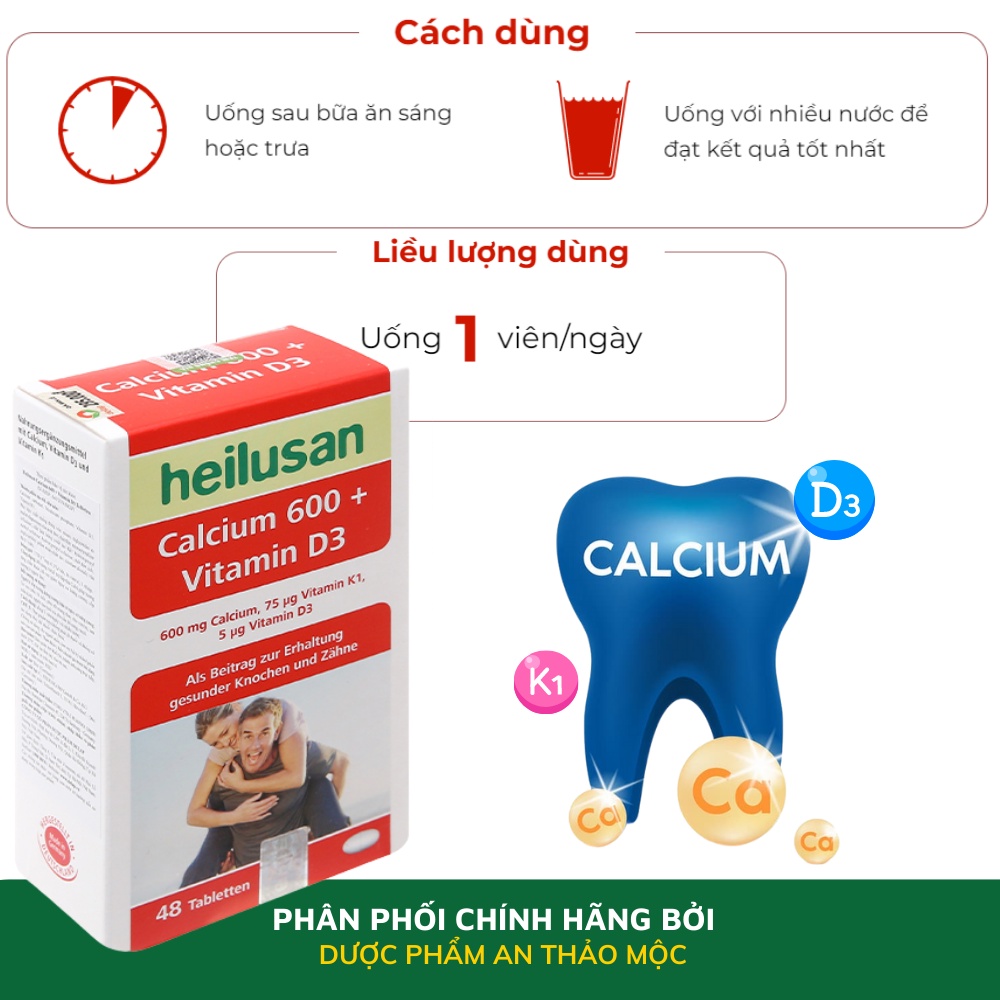 Viên uống Heilusan Calcium 600 Vitamin d3 bổ sung và hỗ trợ hấp thu canxi cho xương răng chắc khỏe giảm loãng xốp xuơng