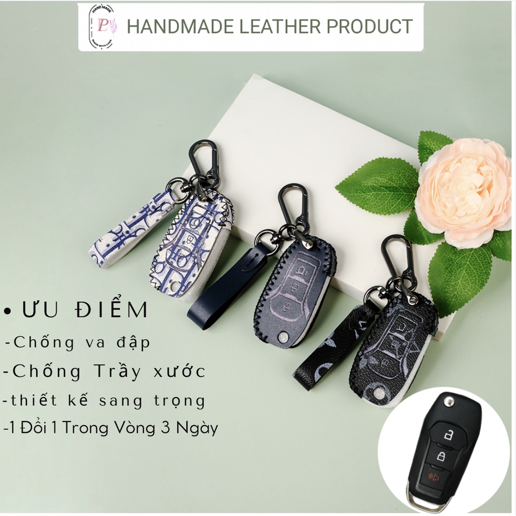 Bao da bọc chìa khóa smartkey ô tô Ford Ranger Wildtrak 3 nút bấm chìa gập khâu tay móc đen FRG