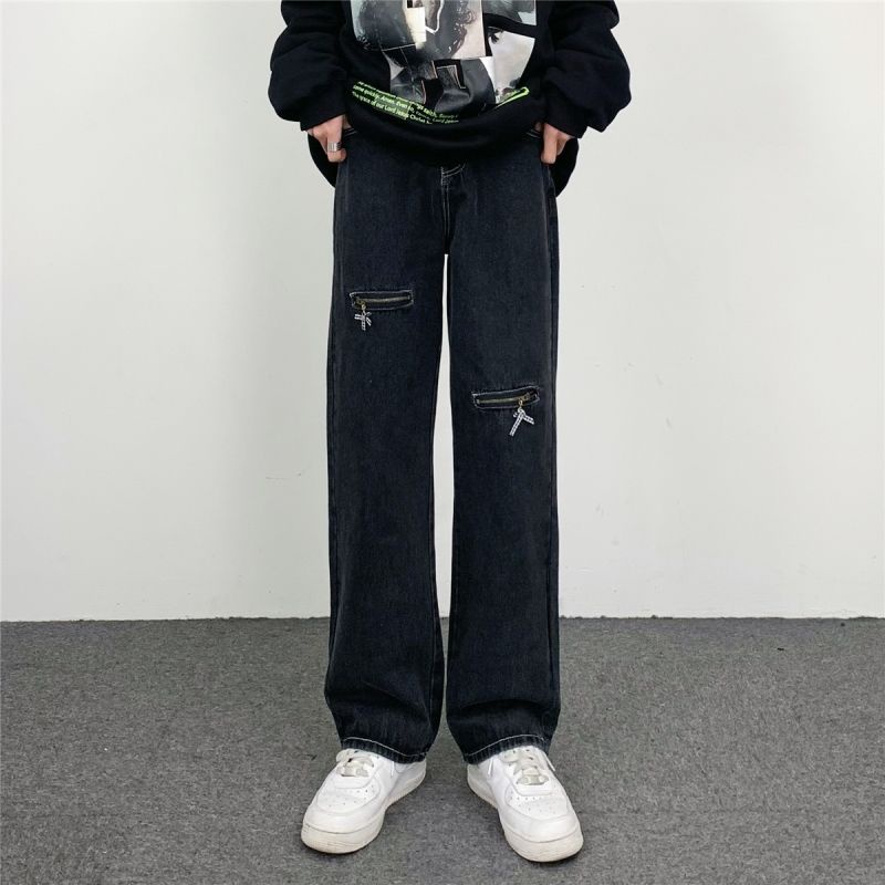 Quần Jeans Đen Dài Ống Đứng Có Khóa Kéo Phong Cách Hip Hop Đường Phố