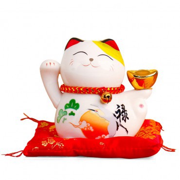 Mèo thần tài cao 11cm Kim phúc lâm môn, tượng mèo chiêu tài gốm sứ