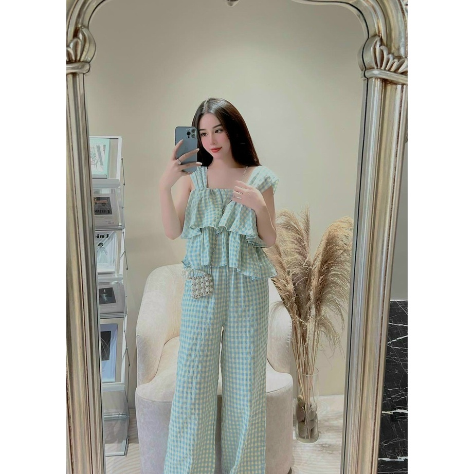 (FreeShip 2022) Bộ nữ ống rộng,bộ caro áo 2 dây thiết kế tầng mix quần ống rộng có túi,chất kate xốp,2 màu dễ mặc