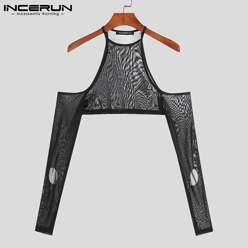 Set 2 áo INCERUN tay dài khoét lỗ dáng ôm vừa vặn xuyên thấu màu đen quyến rũ cho nam