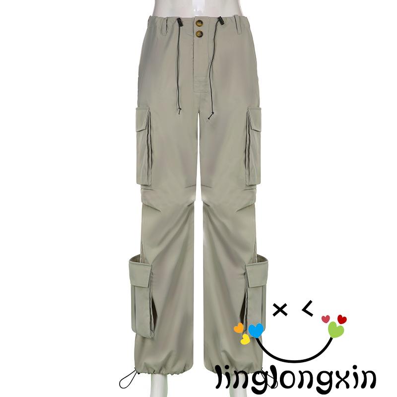 Linglongxi2-quần Dài Dáng Rộng Phối Nhiều Túi Màu Trơn Phong Cách Đường Phố Đơn Giản Dành Cho Bạn Nữ