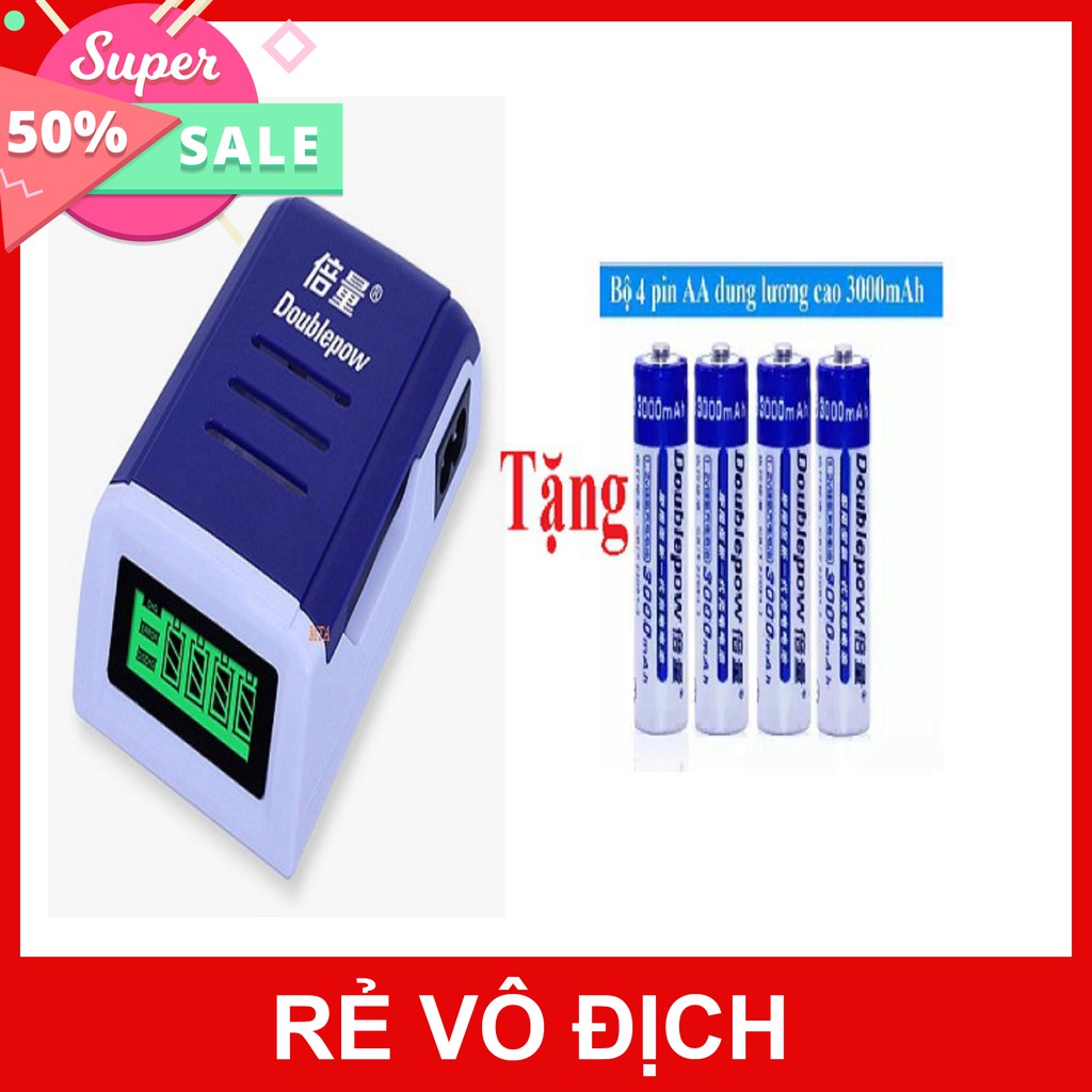 (RẺ VÔ ĐỐI) (COMBO) SẠC MÀN HÌNH LCD VÀ 4 PIN DOUBLEPOW 3000mAh