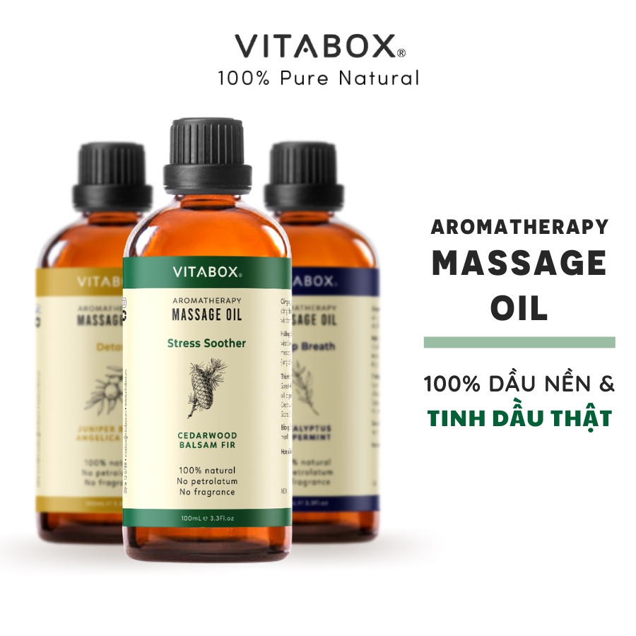 Dầu massage body VITABOX aromatherapy massage oil mát xa thư giãn, thải độc, ngủ ngon từ dầu nền và tinh dầu thiên nhiên