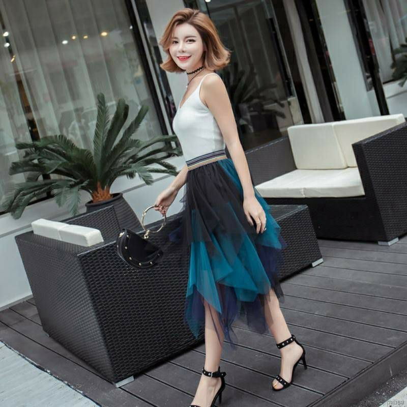 Chân váy lưới midi xếp tầng ombre dáng xòe nhiều màu tông lạnh