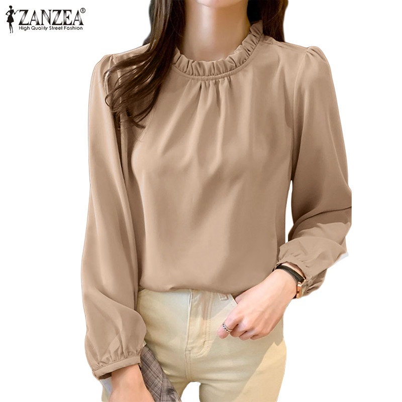 Áo kiểu ZANZEA cổ tròn tay dài có nút cài màu trơn phong cách vintage thường ngày dành cho nữ