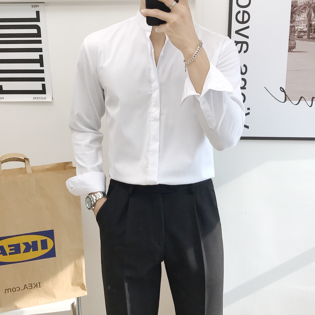 Áo sơ mi nam cổ tàu Hàn Quốc kiểu công sở che khuy cao cấp ,vải lụa trơn không nhăn 2 màu trắng , màu đen