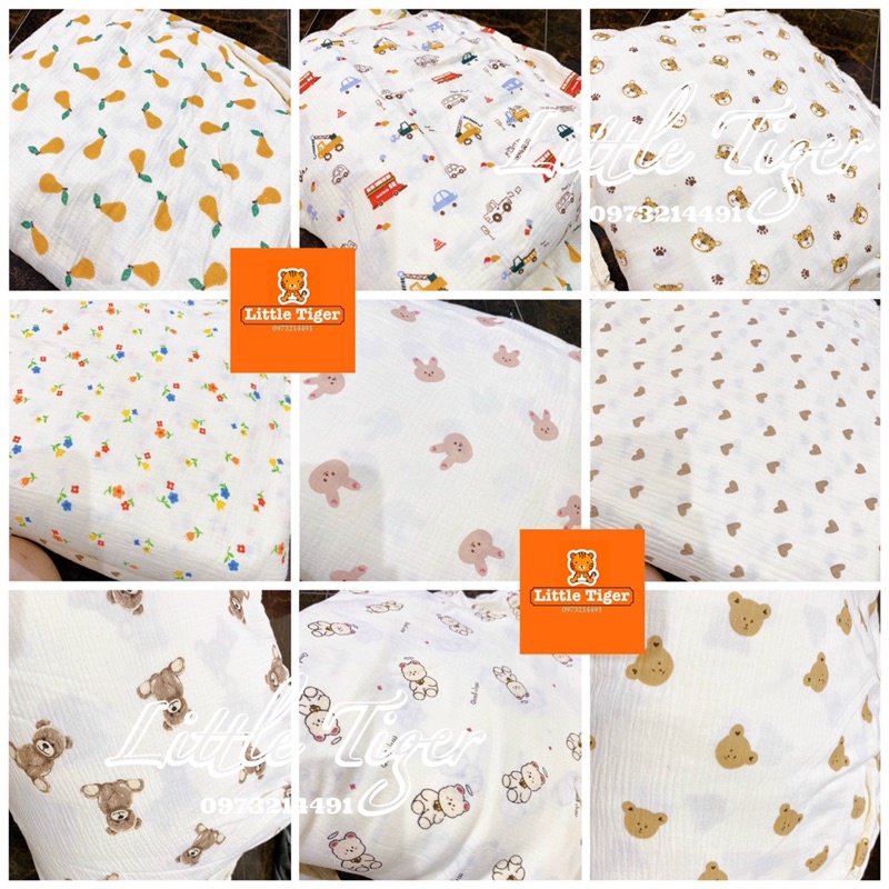 Hộp 6 cái khăn xô 2 lớp &amp; 4 lớp hoạ tiết dễ thương cho bé - Khăn sữa cho bé Little Tiger