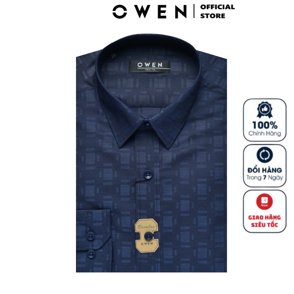 Áo Sơ Mi Nam Dài Tay Owen AS23369D Somi Công Sở Cao Cấp Màu Xanh Than Họa Tiết Dáng ôm Không Túi Chất Sợi Tre