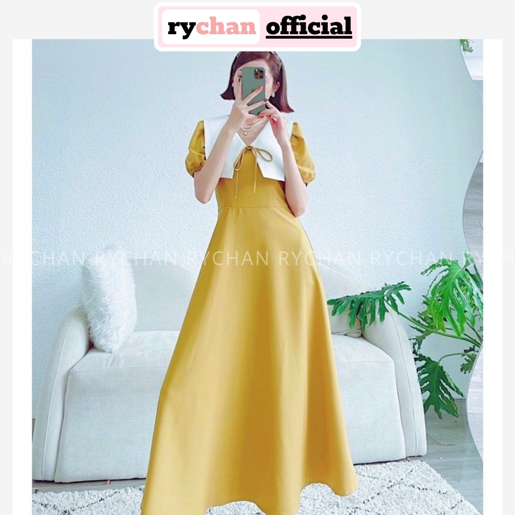 Đầm Nữ Dự Tiệc Dáng Dài Cổ Thủy Thủ Thắt Nơ Bo Eo Cực Nữ Tính Màu Vàng [ẢNH THẬT CUỐI] - DX9844