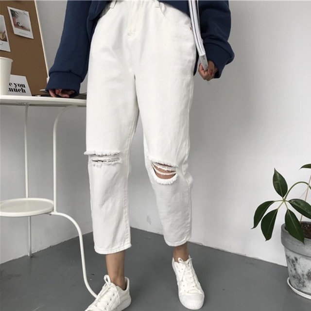 [ SẴN xl đen ] Quần baggy rách gối ulzzang / quần baggy jean suông _ có ảnh thật cuối