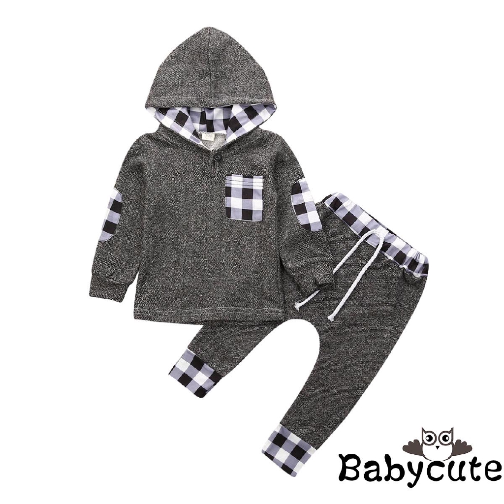 ✪B-BAutumn Winter Fashion Baby Boy Girl Kids Plaid Clothes Long Sleeve Hoodie Tops Sweatshirt Pants Outfit Set