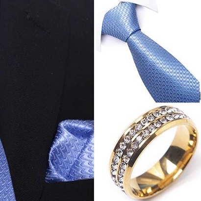 Bộ Cà vạt 4 món gồm Cavat 8cm, khăn cài túi, Măng-set, Nhẫn tròn phụ kiện sang trọng, Cravat chú rể, Calavat công sở