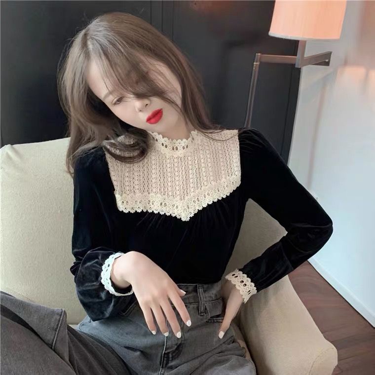Áo Sơ Mi Tay Dài Vải Nhung Phối Ren Phong Cách Hàn Quốc Dễ Phối Đồ