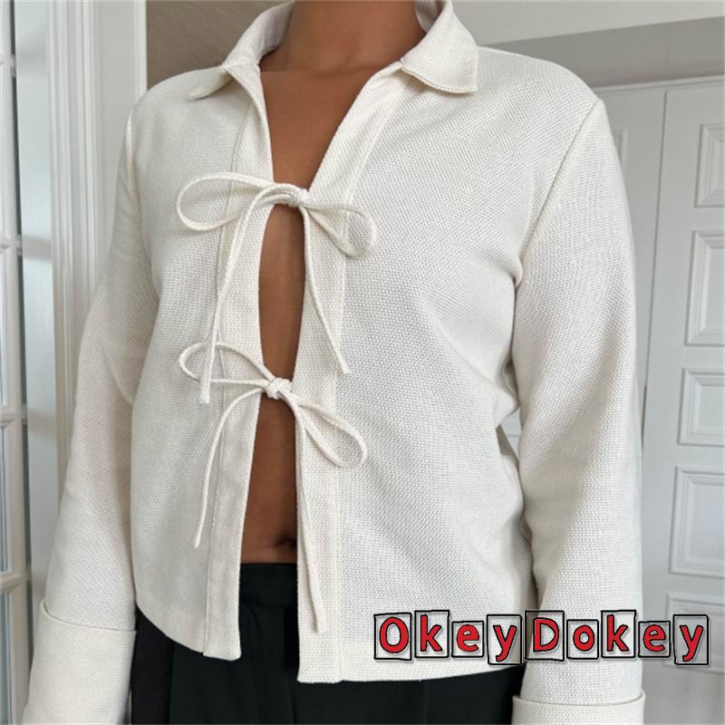 Áo Khoác Cardigan Tay Dài Cổ Bẻ Buộc Dây Phía Trước Màu Trơn Giản Dị Dành Cho Bạn Nữ