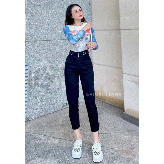 Quần Jeans Nữ, Quần Baggy Lưng Cao 2 Nút Bò Trơn Phong Cách Thời Trang Jeans Cotton Thoáng Mát, Mềm Mịn