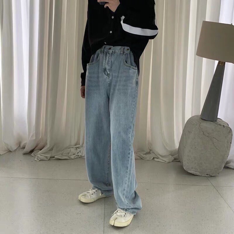 Quần jeans nam nữ ống suông xanh trơn phong cách Hàn Quốc