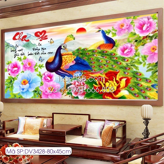 Tranh thêu cha mẹ KT:80x45cm,tranh chưa thêu.Tặng kéo và xỏ chỉ.