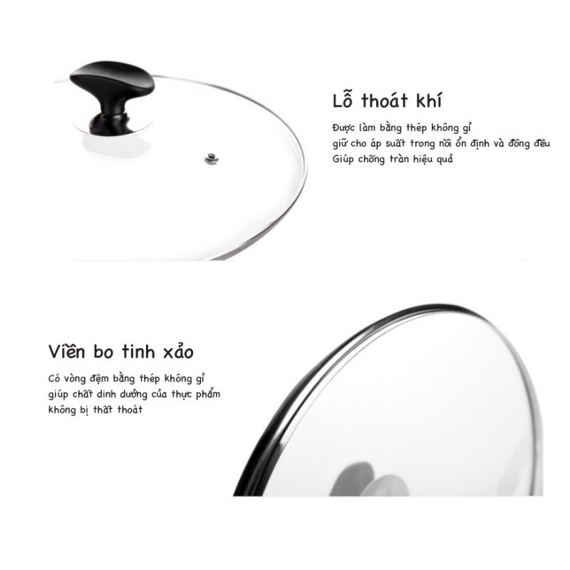 Nắp vung nồi chảo kính cường lực bo viền inox Lenhome decor phòng bếp thiết kế đẹp