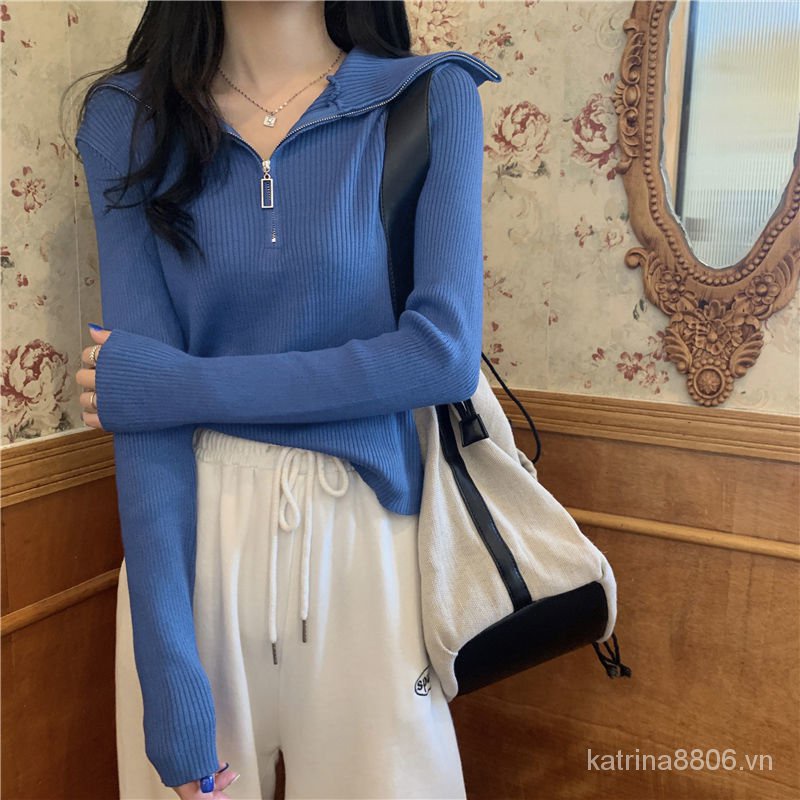 Áo khoác đen dài tay phối khóa kéo phong cách retro Hàn Quốc thời trang mùa thu 2021 cho nữ