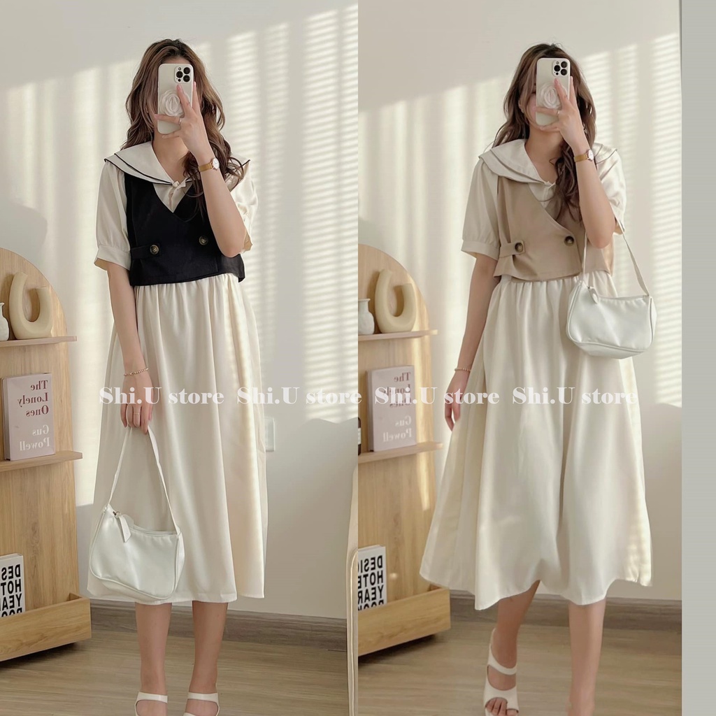 Set váy babydoll cổ sen 2 tầng dáng dài mix kèm áo gile cài cúc ulzzang 2 màu xinh xắn