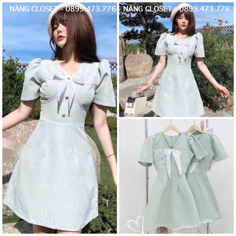 Đầm tweed xanh tay phồng phối nơ xoan trắng NÀNG CLOSET
