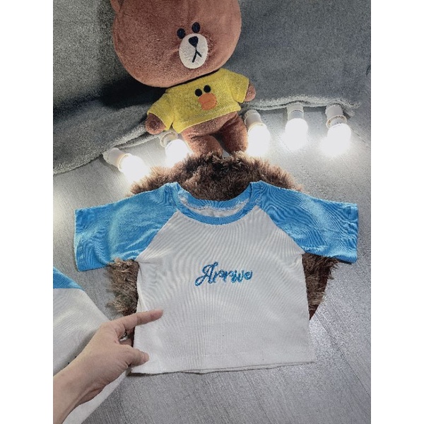 Áo croptop thun borip ảnh thật tay xanh thêu chữ