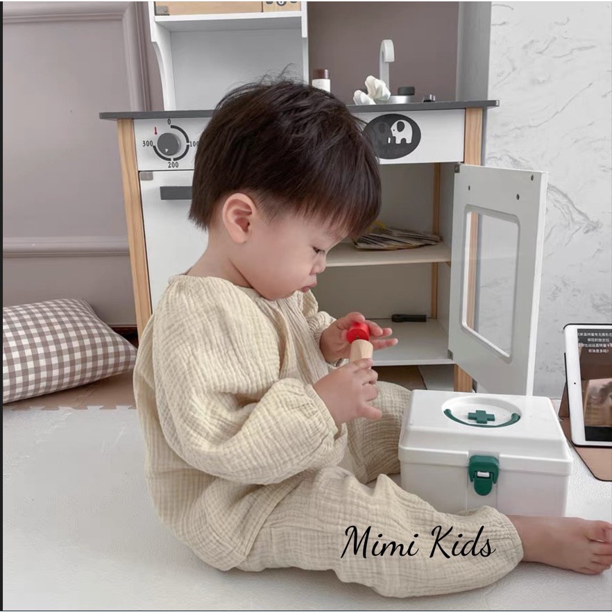 Bộ quần áo dài tay vải xô muslin cao cấp có túi bụng dành cho bé trai bé gái QA42