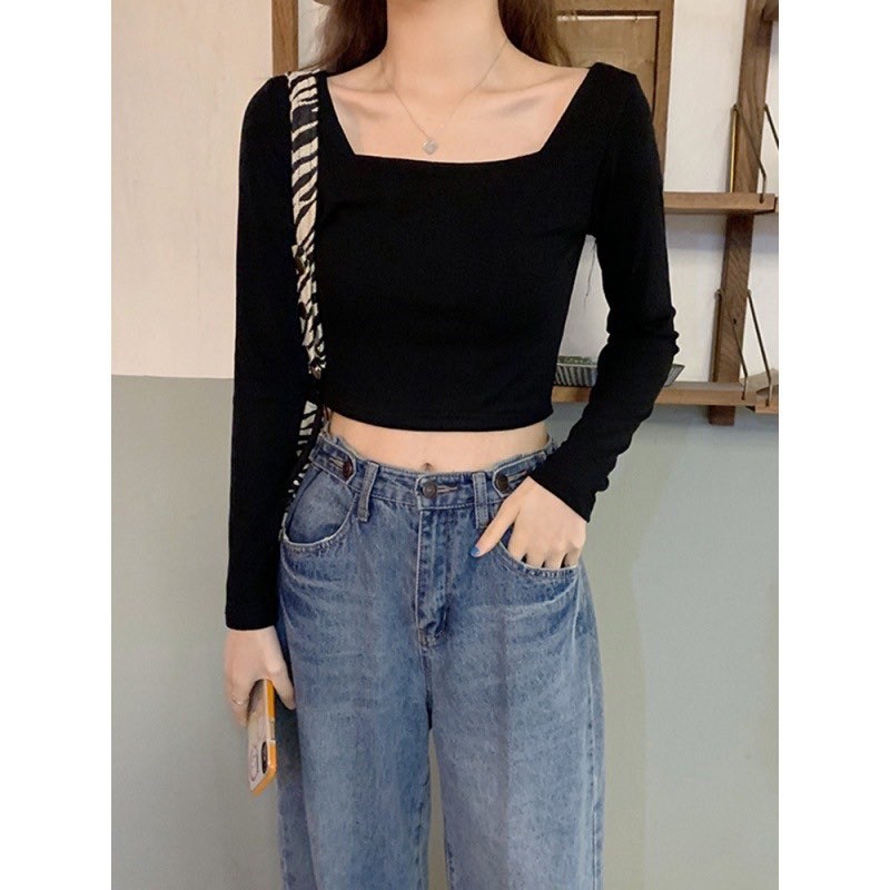 Áo cổ vuông giữ nhiệt 2 lớp dáng ngắn chất đẹp loại I - Áo crop top cổ vuông