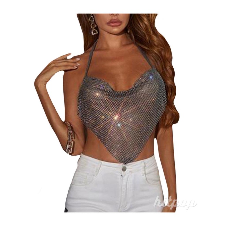 Áo Croptop Không Tay Hở Lưng Đính Đá Lấp Lánh Dành Cho Nữ