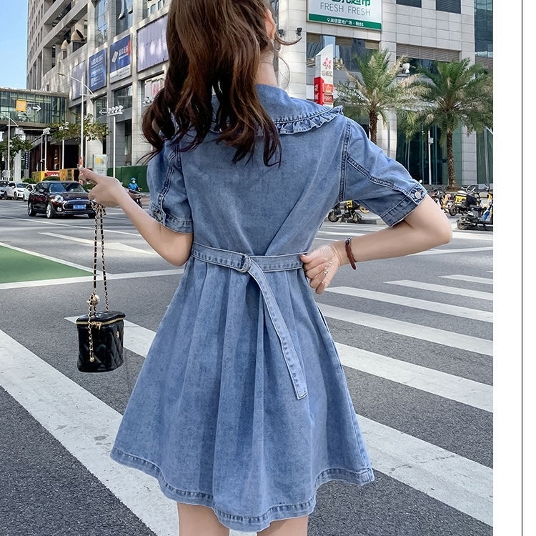 Đầm Denim Dáng Chữ a Tay Ngắn Cổ Búp Bê Phong Cách Phương Tây Thời Trang Mới 2022