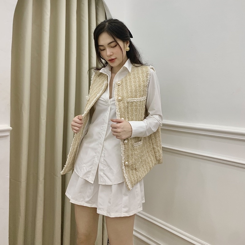 Áo khoác cộc tay cổ tròn dạ tweed - Audrey studio