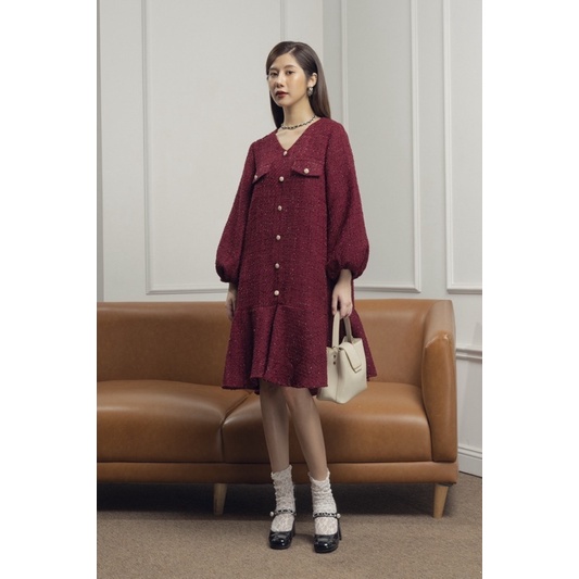 Đầm dạ tweed đuôi cá đính ngọc, dáng suông rộng bầu bí mặc thoái mái xinh | BigBuy360 - bigbuy360.vn