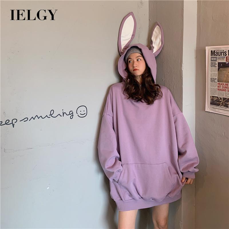Áo hoodie IELGY dáng rộng phối tai thỏ màu trơn dễ phối đồ thời trang cho nữ
