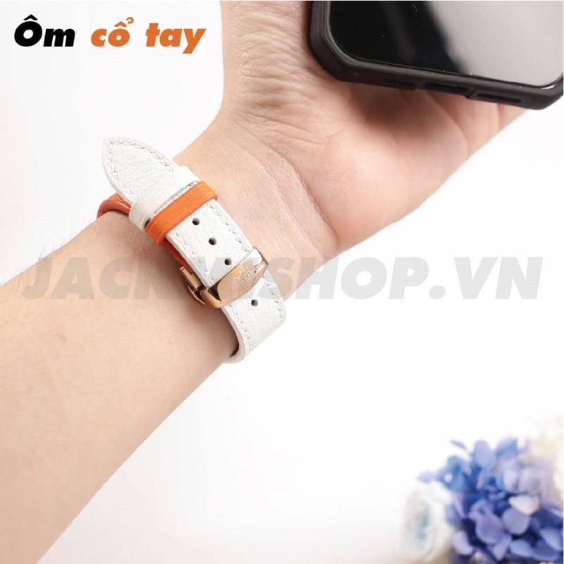 [BẢO HÀNH 1 NĂM] Dây Da BÊ SWIFT may tay thủ công màu Cam/Trắng khóa Bướm cho Apple Watch series 1/2/3/4/5/6/7