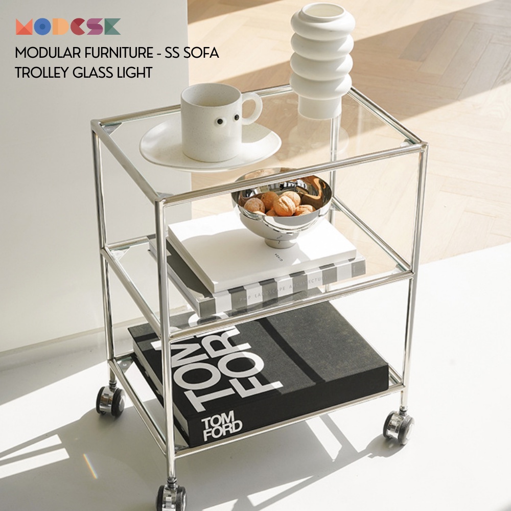 Bàn trà bàn sofa di động MODESK SS Sofa Trolley Glass Light Khung Inox 304 Kính Cường Lực